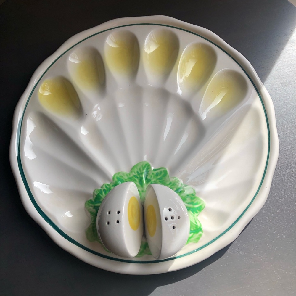 Vintage Ceramic Deviled Egg Plate with Salt and Pepper Shakers